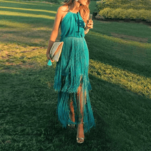 Load image into Gallery viewer, New Sexy Green Tassel Halter Sleeveless Maxi Dress.WH