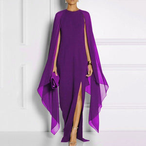New Cape Sleeve High Slit Plain Chiffon Maxi Dress.MC