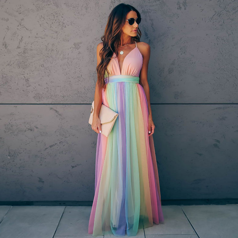 Rainbow Striped Suspender Dress