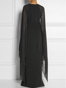 New Cape Sleeve High Slit Plain Chiffon Maxi Dress.MC