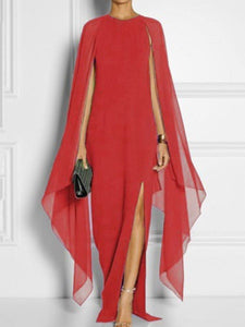 New Cape Sleeve High Slit Plain Chiffon Maxi Dress.MC
