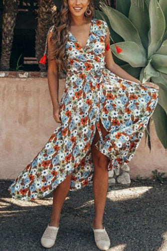 New Bohemian Sexy V Collar Printing Sleeveless Vacation Dress.AQ