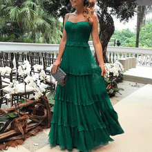 Load image into Gallery viewer, New Elegant Spaghetti Straps Plain Falbala Green Evening Dress.MC