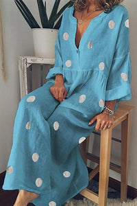New V Neck Long Sleeve Pleated Polka Dress.MC