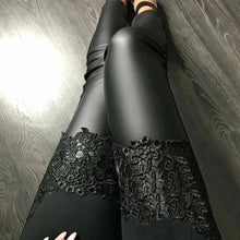 Load image into Gallery viewer, Womens Leggings With Lace Embroidery PU Elastic Long Pants