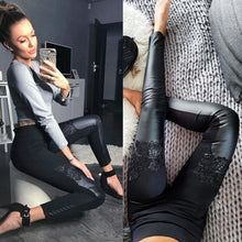 Load image into Gallery viewer, Womens Leggings With Lace Embroidery PU Elastic Long Pants