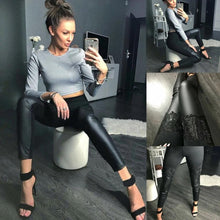 Load image into Gallery viewer, Womens Leggings With Lace Embroidery PU Elastic Long Pants