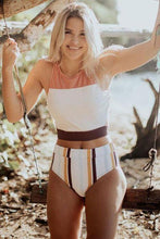 Load image into Gallery viewer, New Color Panel Striped Racerback Cutout Crop Bikini Swimsuit in White.MC
