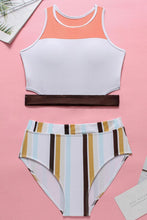Load image into Gallery viewer, New Color Panel Striped Racerback Cutout Crop Bikini Swimsuit in White.MC