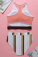 Load image into Gallery viewer, New Color Panel Striped Racerback Cutout Crop Bikini Swimsuit in White.MC