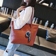 Load image into Gallery viewer, Women Leather Hairball Zipper Tote Solid Color Shoulder Bag